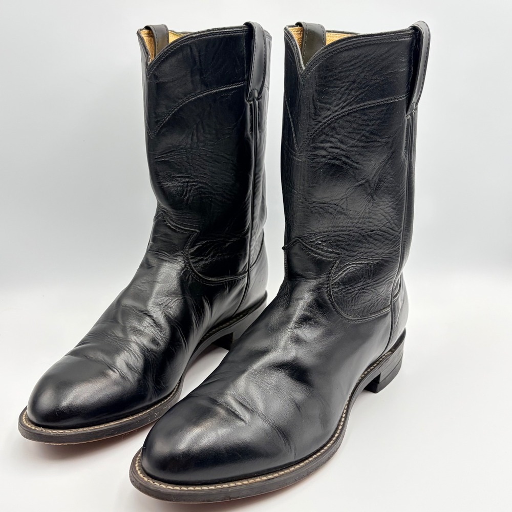 Justin 3133 Jackson Black Leather Western Roper Boots Mens Size 8 EE Pull on USA - Picture 3 of 15
